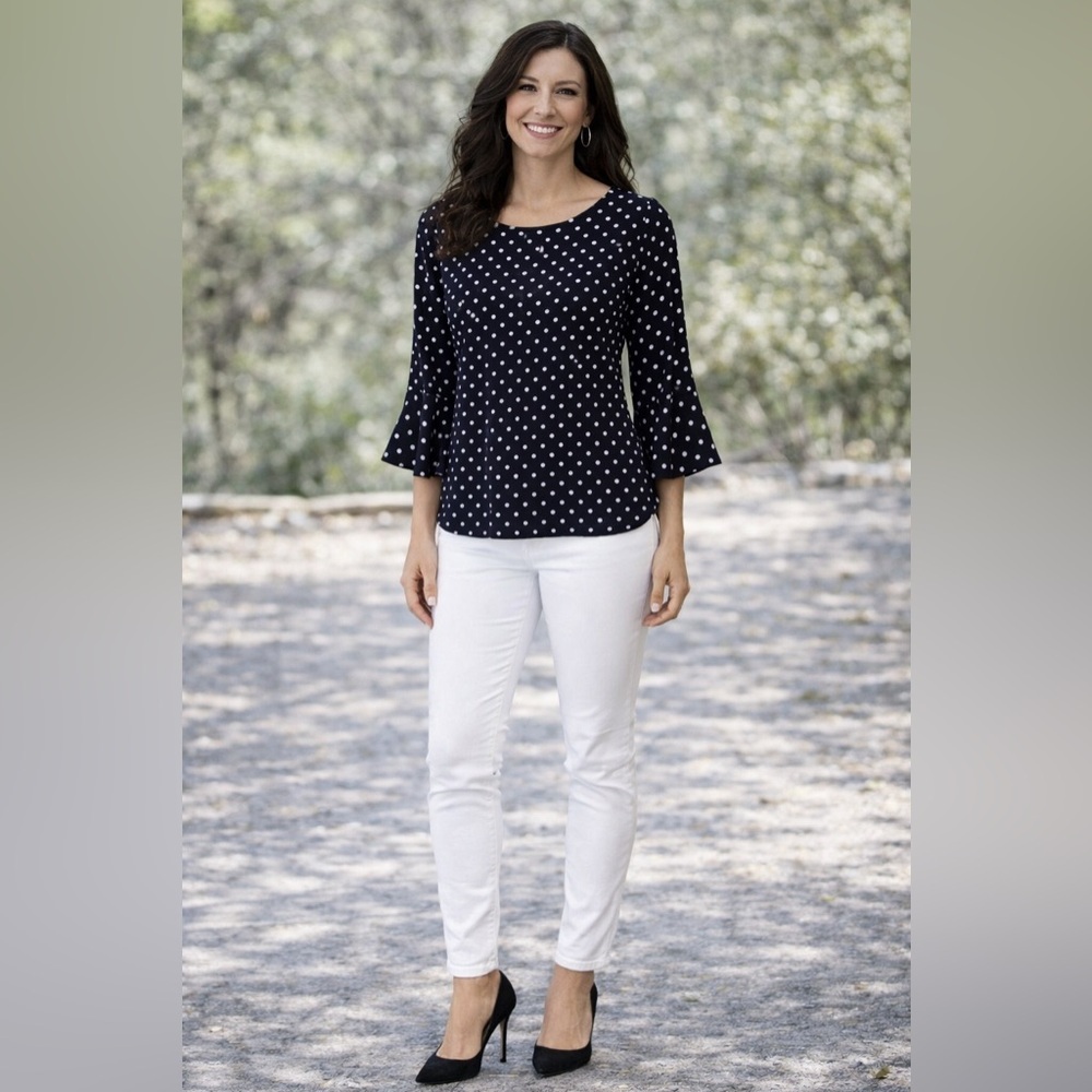 GREEN ENVELOPE Women's Large Blue with White Dots  Bell Sleeve Top